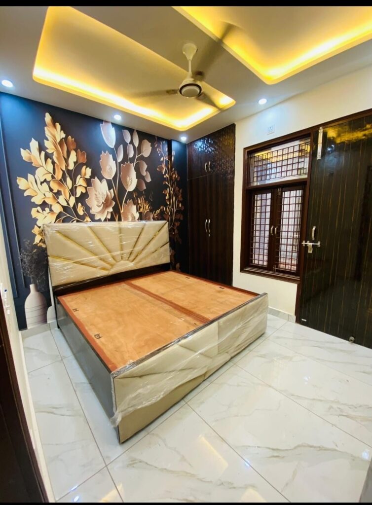 Modern bedroom in 1 BHK flat with floral wall
