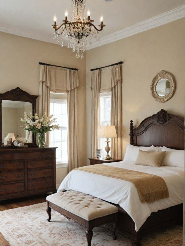 A classic bedroom with vintage furniture, a chandelier, and elegant curtains.