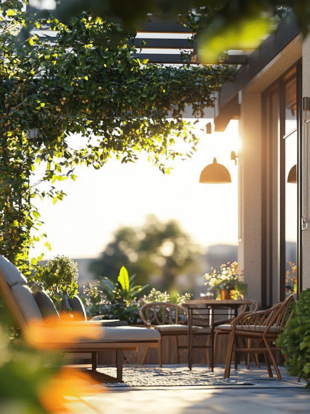 Cozy garden patio with chairs and greenery