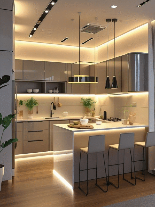 Modern modular kitchen with island and LED lights