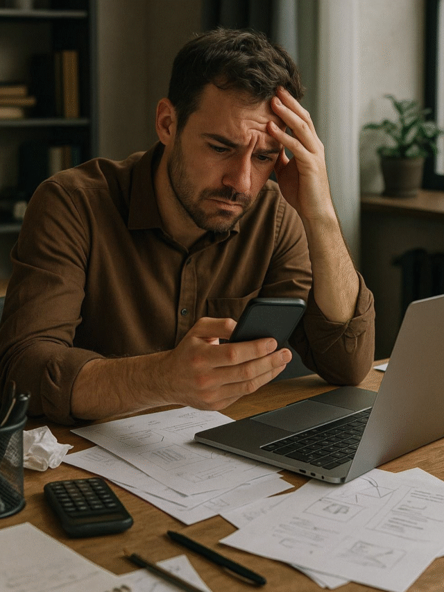 Stressed man on phone at desk