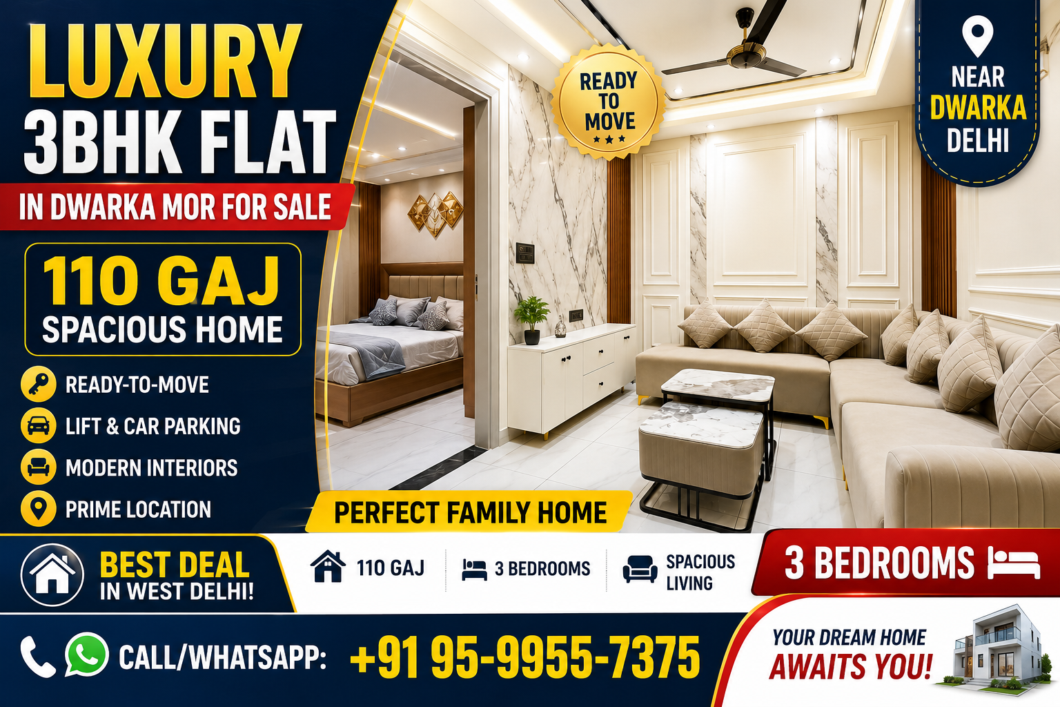 3 bhk flat in dwarka mor for sale