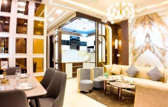 Modern 3 BHK flat living room and kitchen