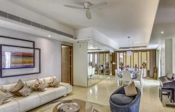 Modern living room with piano