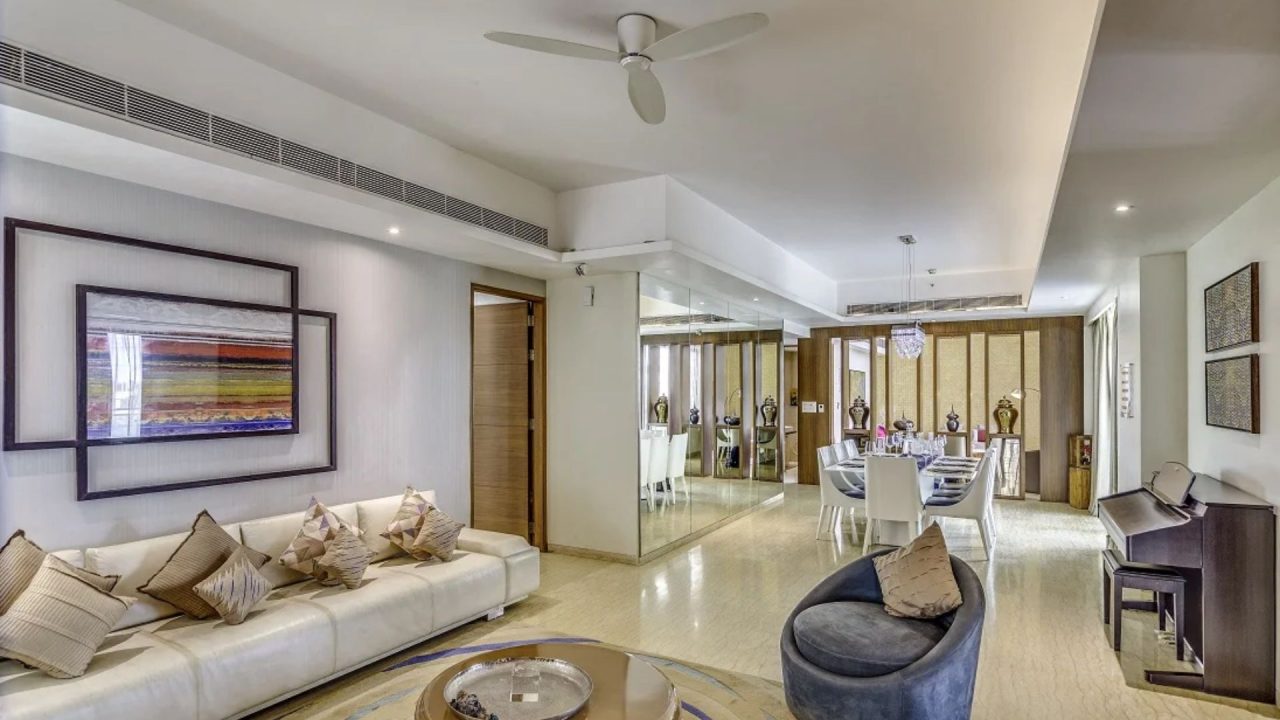 Modern living room with piano
