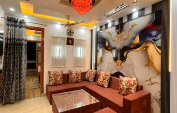 Modern living room with sectional sofa and artistic wall