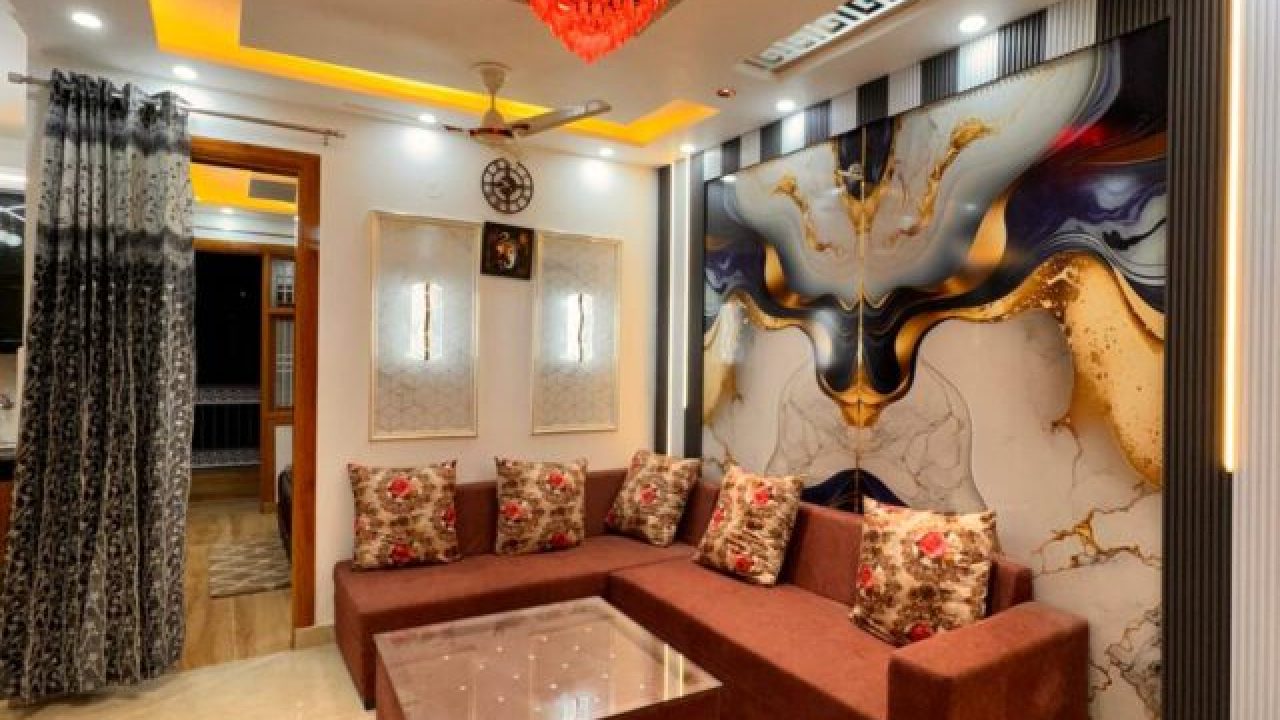 Modern living room with sectional sofa and artistic wall