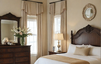 A classic bedroom with vintage furniture, a chandelier, and elegant curtains.