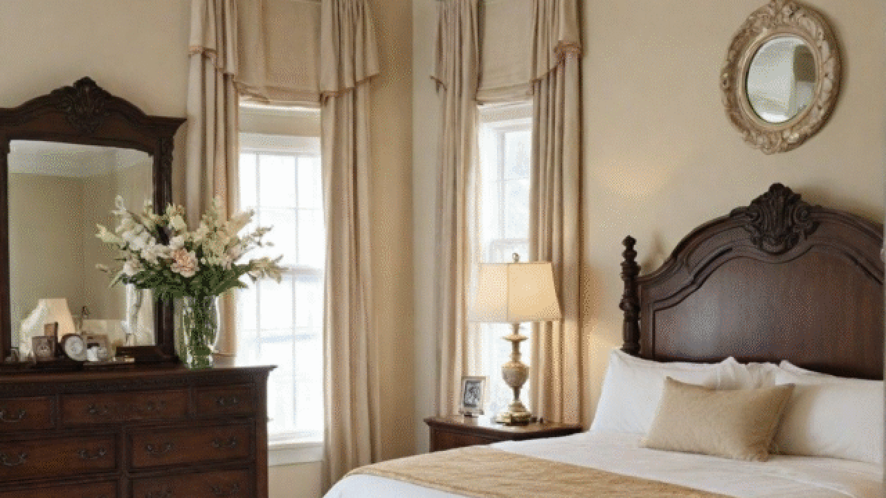 A classic bedroom with vintage furniture, a chandelier, and elegant curtains.