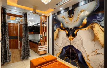 Modern living room with designer false ceiling and luxury wall panel