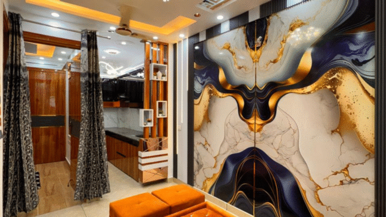 Modern living room with designer false ceiling and luxury wall panel