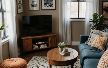 Cozy living room with blue sofa, wooden coffee table, and patterned rug.