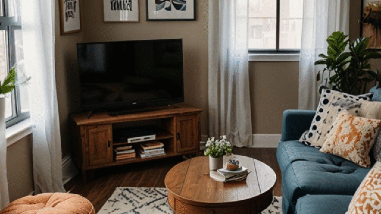 Cozy living room with blue sofa, wooden coffee table, and patterned rug.