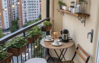 Cozy balcony with coffee setup and plants