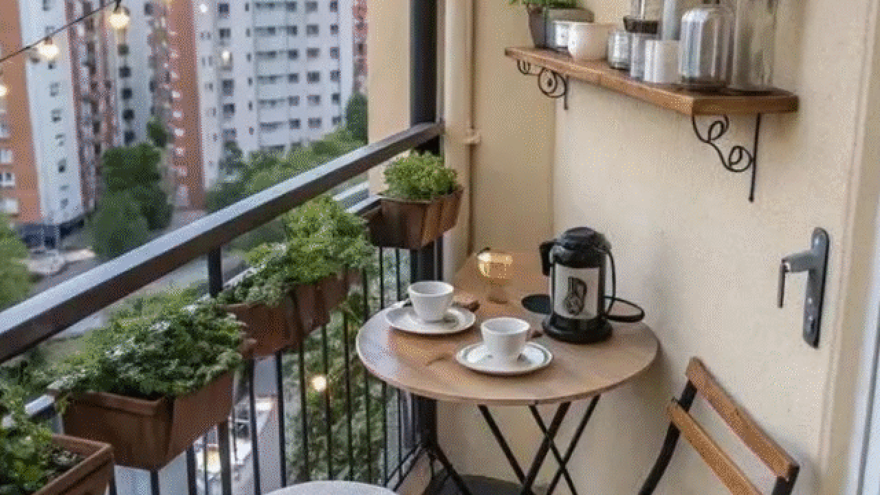 Cozy balcony with coffee setup and plants