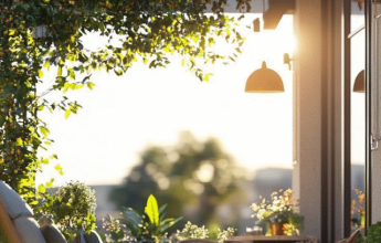Cozy garden patio with chairs and greenery