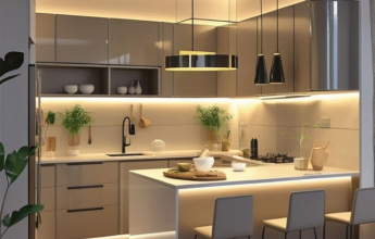 Modern modular kitchen with island and LED lights