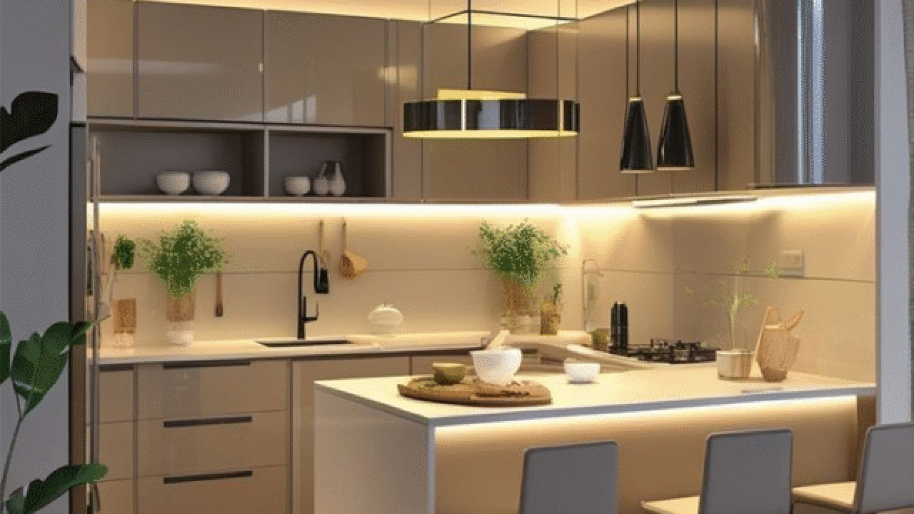 Modern modular kitchen with island and LED lights