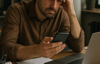 Stressed man on phone at desk