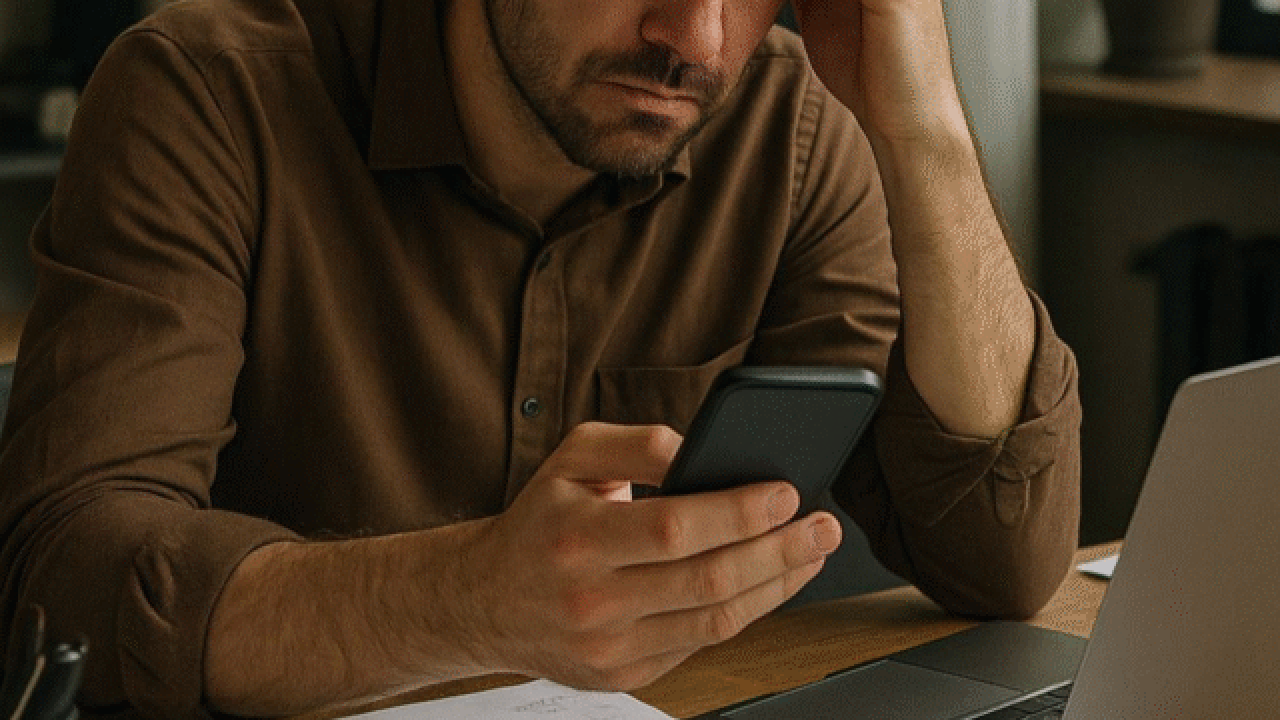 Stressed man on phone at desk