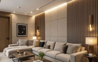 Modern 4 BHK flat living room with L-shaped sofa, wooden wall panels, and ambient lighting in Uttam Nagar.