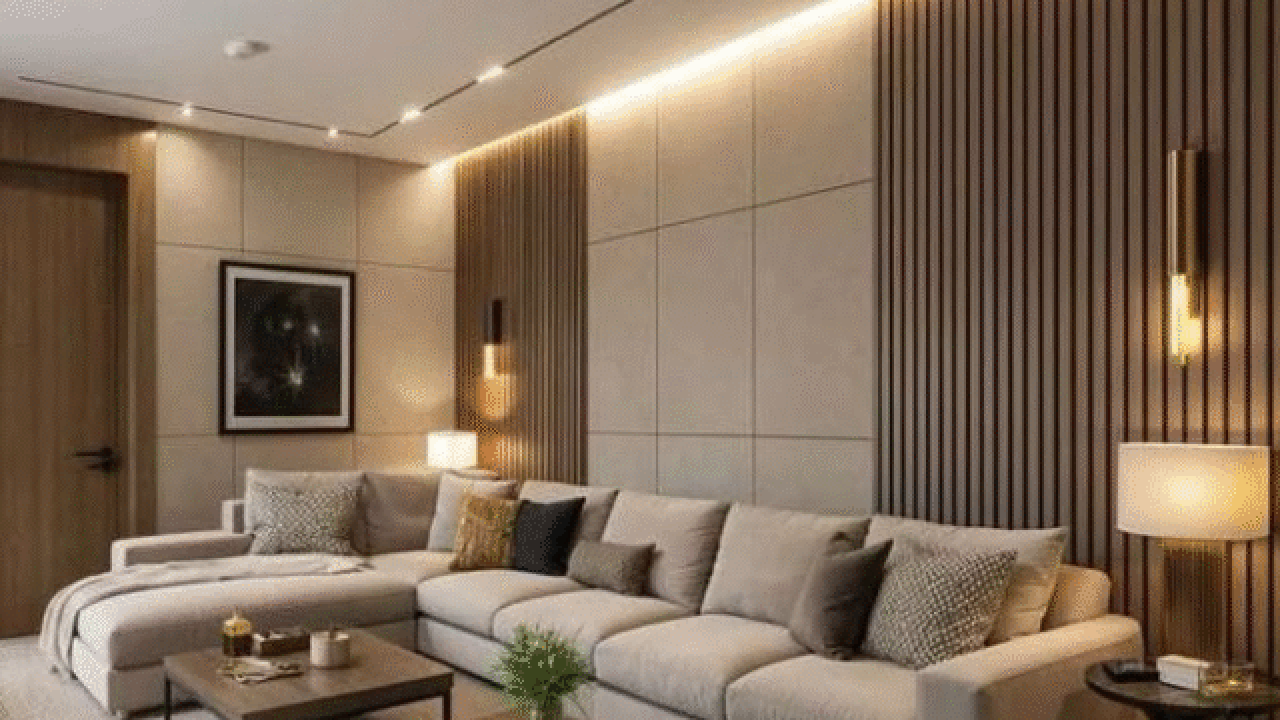 Modern 4 BHK flat living room with L-shaped sofa, wooden wall panels, and ambient lighting in Uttam Nagar.